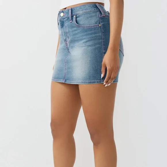 True Religion Blue Denim Mini Skirt with Pink Stitching - Picture 6 of 6